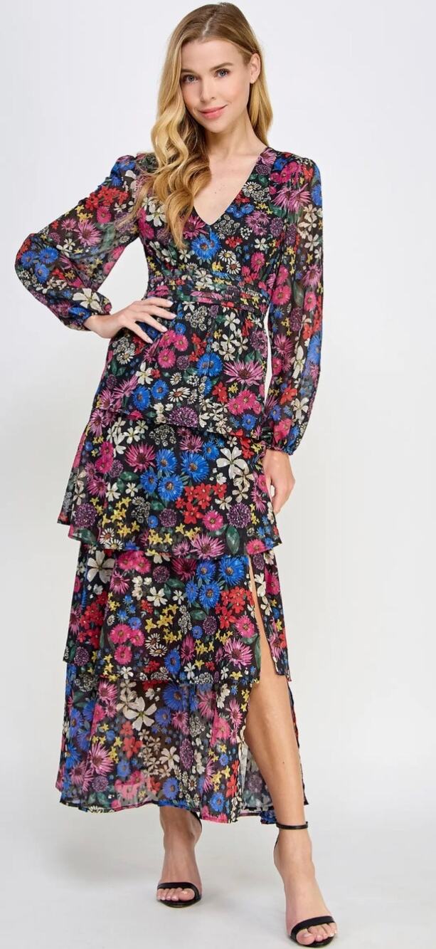 KOKO + MASON NWT Floral Open Back Long Sleeve Ruffle Maxi Dress Size Small